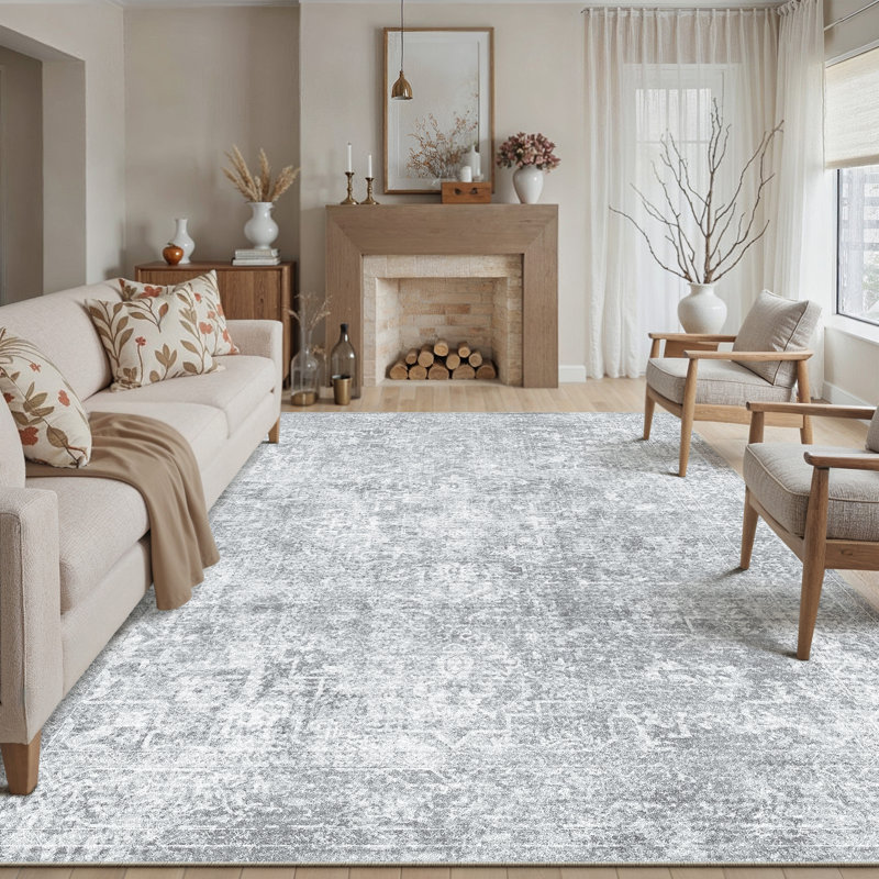 Vintage Grey Area Rug, Rectangle 6' x 9', Gray