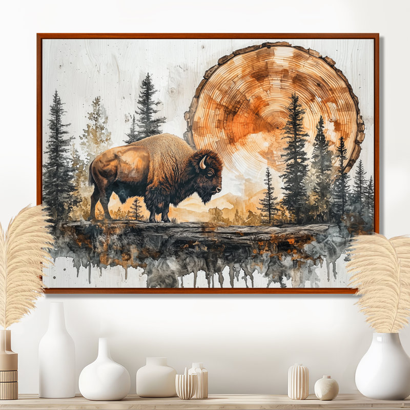 Giovannie American Bison Into The Prairies II - Bison, art mural, H 24 po x l 32 po, Cadre flottant, Brun