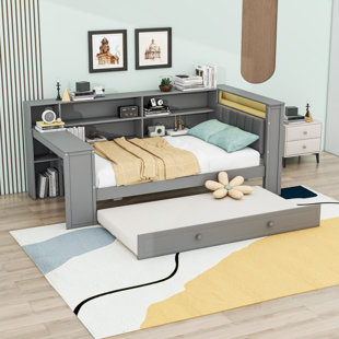 Twin Wooden Bed with Trundle and LED Headboard and Desk