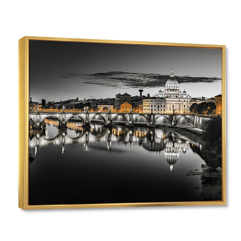 Paysage urbain de Rome noir et blanc sur toile, H 24 po x l 32 po x P 1 po, Cadre flottant doré