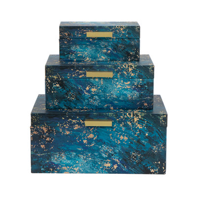 Boîtes de rangement décoratives S / 3, bleues avec détails dorés