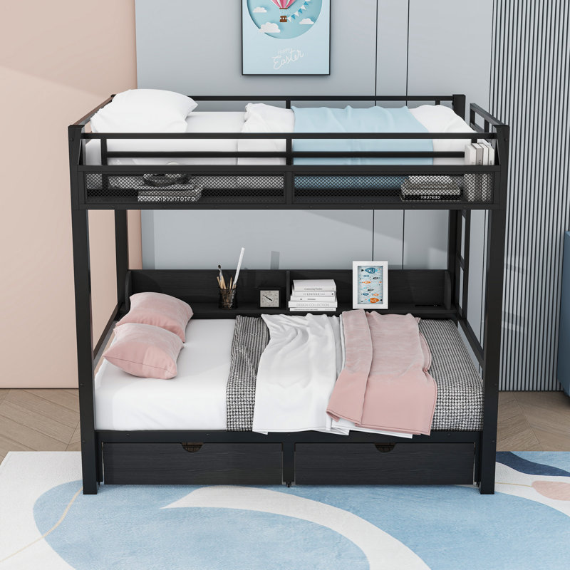 Lit superposé en métal avec éclairage DEL, ports USB, tablettes et tiroirs, Noir, noir, noir, noir, Double
