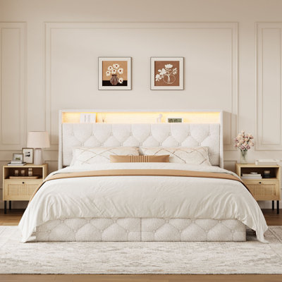 Teddy Upholstered Bedroom Set with Rattan Nightstands