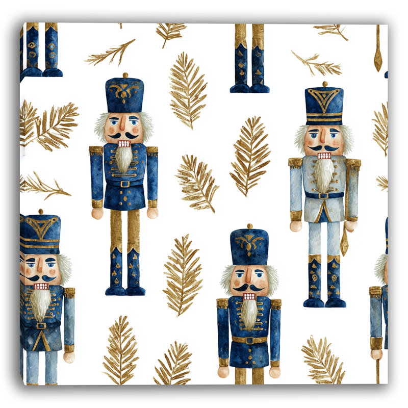Blue and Gold Nutcracker Pattern Wrapped Canvas Wall Art