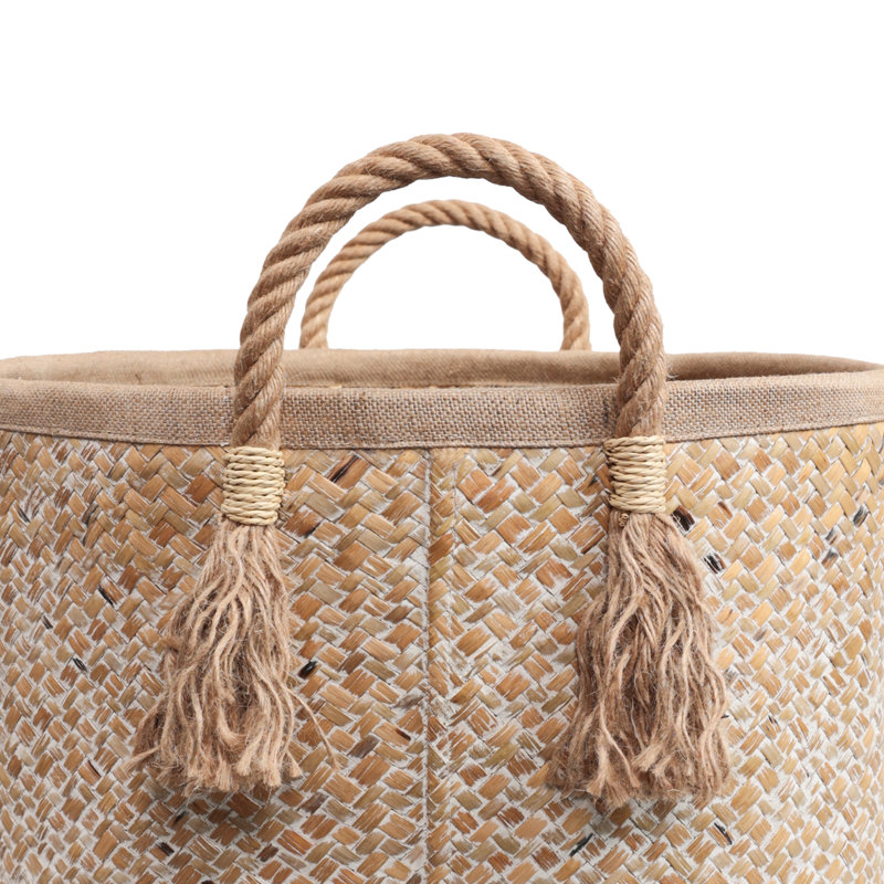 Celia Rustic Coastal Handwoven Palm Leaf Nesting Storage Baskets with Rope Handles (Set of 3), Natural/White