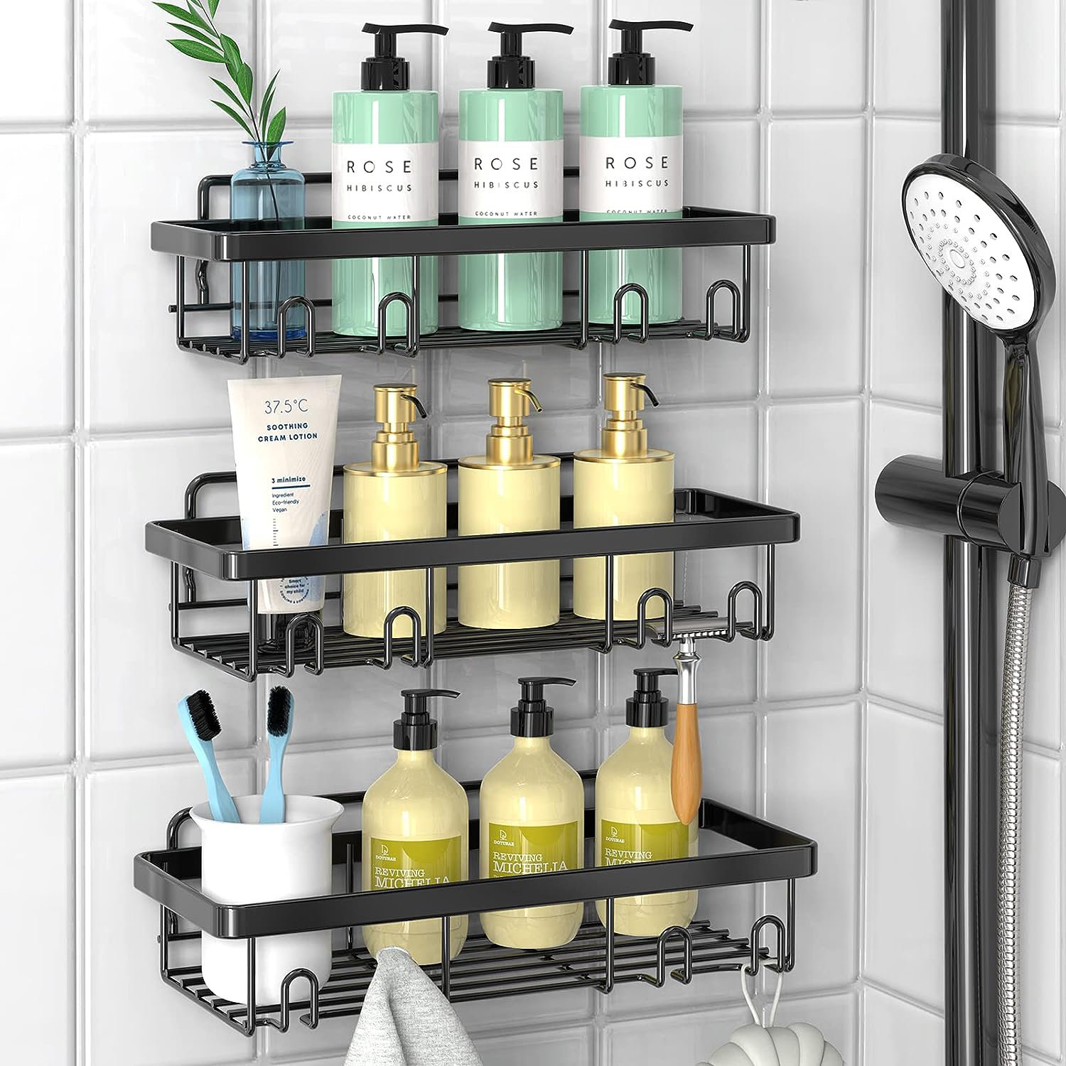 Shower Caddy Adhesive Shower Shelf No Drilling Stick on Shower Organizer  for Tile Wall Shower Storage Rustproof Bathroom Caddy Wall Mounted for