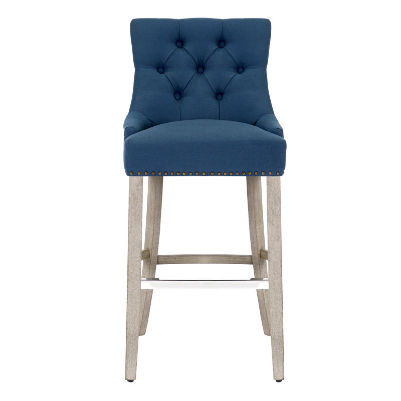 Linen Fabric Tufted Upholstered Counter Stool, Teal Linen/Antique Gray Frame, Bar Stool (29” Seat Height)