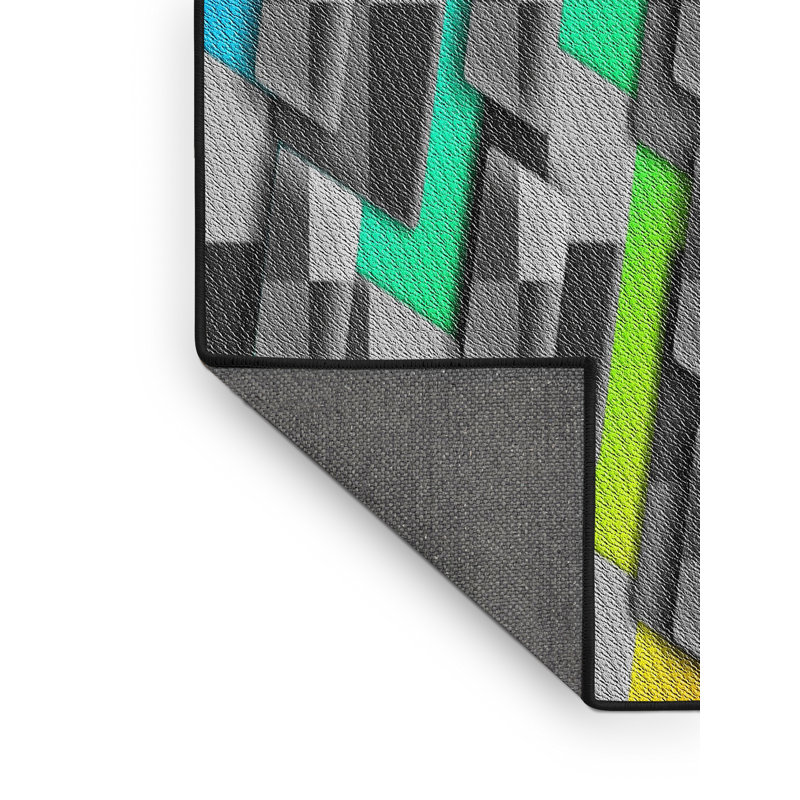 Tissé à la machine à motif géométrique en laine et polyester gris/bleu/vert Tapis décoratif, Rectangle 5 pi x 7 pi