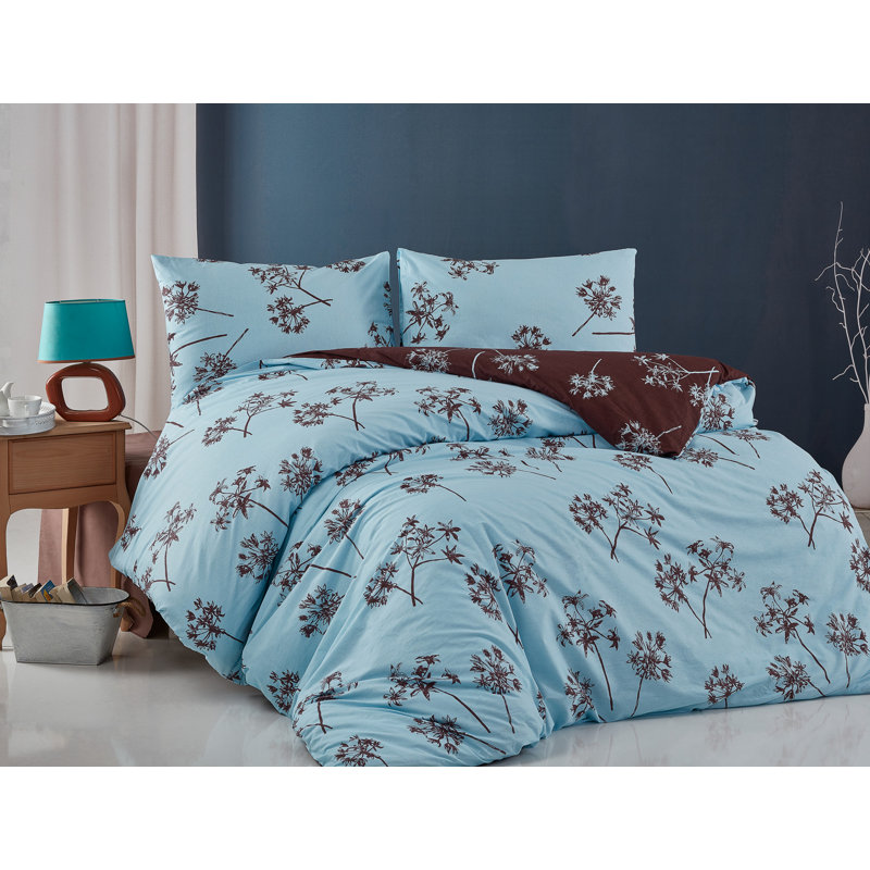 Ensemble de housse de couette 100% coton Tibbits, Housse de couette double TG + 3 pièces supplémen, Bleu / Brun