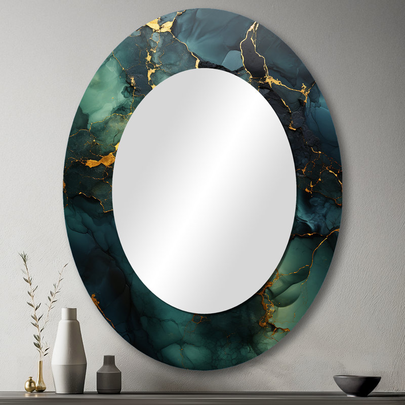 Gold And Green Abstract Marble Design III - Abstract Oval Decorative Mirror On Metal, 43" x 33"