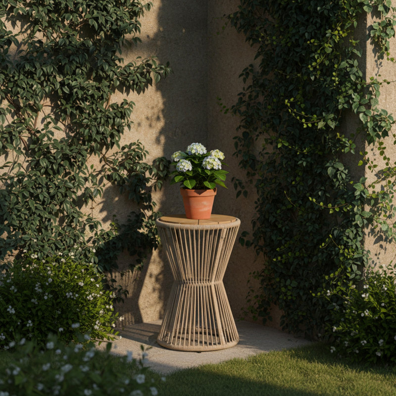 Table d'appoint d'extérieur, corde beige et finition teck clair, Beige