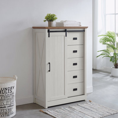 Modern Farmhouse 5-Drawer Storage Organizer Cabinet - Tall Dresser Chest With Sliding Barn Door