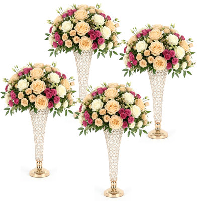 Gold Trumpet Vase Centerpieces 20.1 Inch 4 Pack, Crystal Metal Flower Stand for Wedding Table, Event Decor