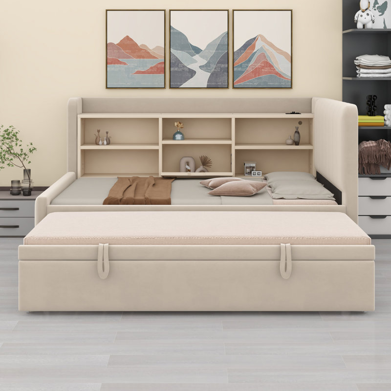 Modern Upholstered Daybed with Trundle, Storage Shelves, USB  and Outlet