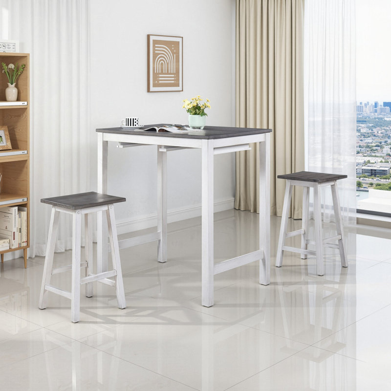 [Ensemble de salle à manger 3 pièces à hauteur de comptoir] Table peu encombrante avec 2 tabourets, finition en bois gris, facile à nettoyer