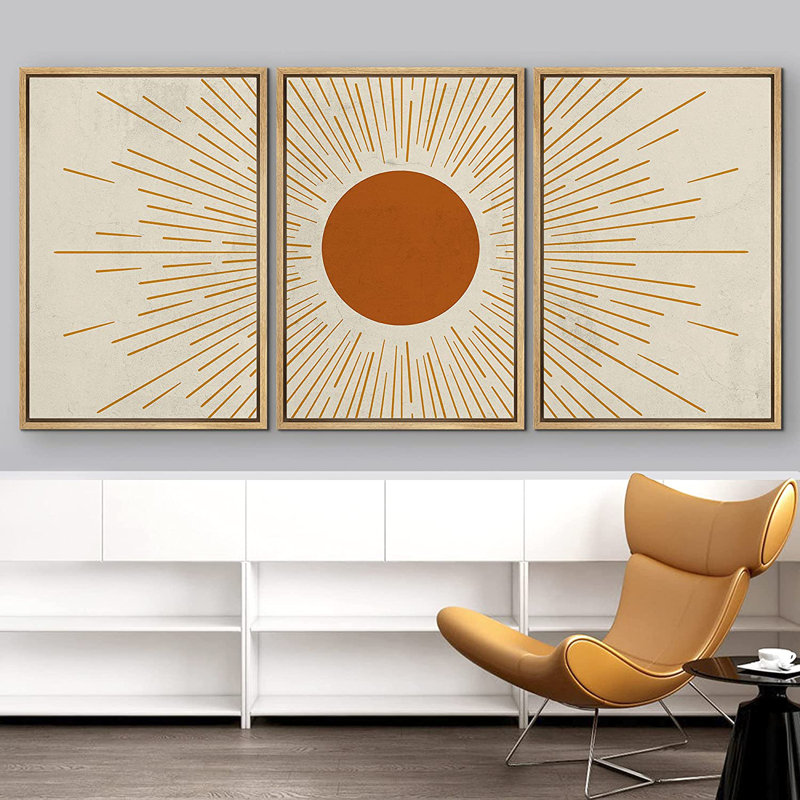 Géométrique, orange brûlé, soleil brillant, astronomie et ciel de l'espace - 3 pièces, cadre flottant, impression sur toile