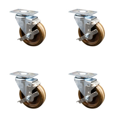 SCC 4” x 1.5" Brown High Temp Phenolic Wheel Swivel Casters w/Brakes - Set of 4
