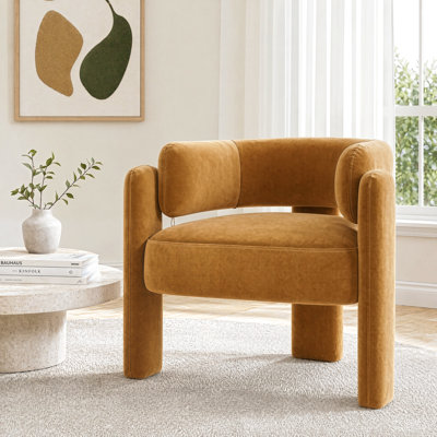 Modern Velvet Accent Chair, Comfy Upholstered Barrel Chairs With 3 Legs, Side Arm Chair For Living Room, Bedroom, Reading, 286 Lbs Weight Capacity(Khaki)