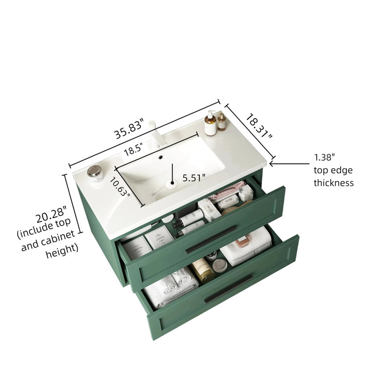 Armoire de rangement pour salle de bain 36 po avec lavabo, flottant moderne, lavabo en céramique blanche, 2 tiroirs, rangement abondant, fermeture en douceur, installation facile, élément de décoration, grand espace, à