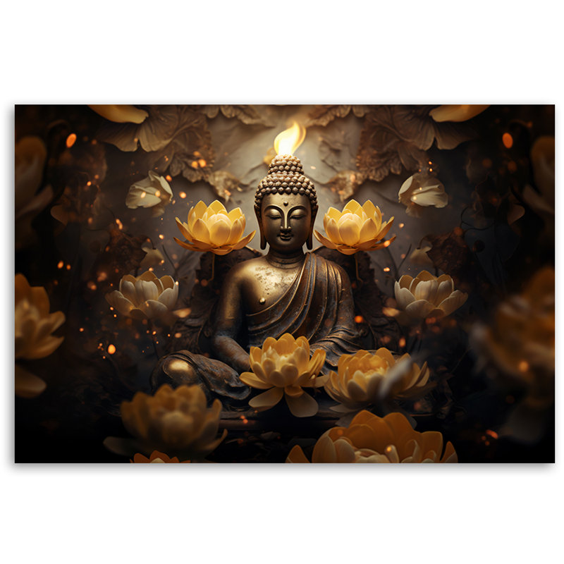 A Canvas Picture Of A Golden Buddha And Lotus Flowers - No Frame Print on Canvas, 60cm H x 90cm W