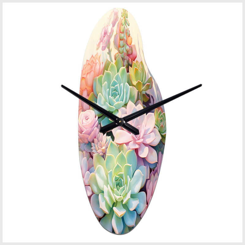 «Meikle Green Pink Succulents Succulent Serenade», horloge murale asymétrique en métal, Médium