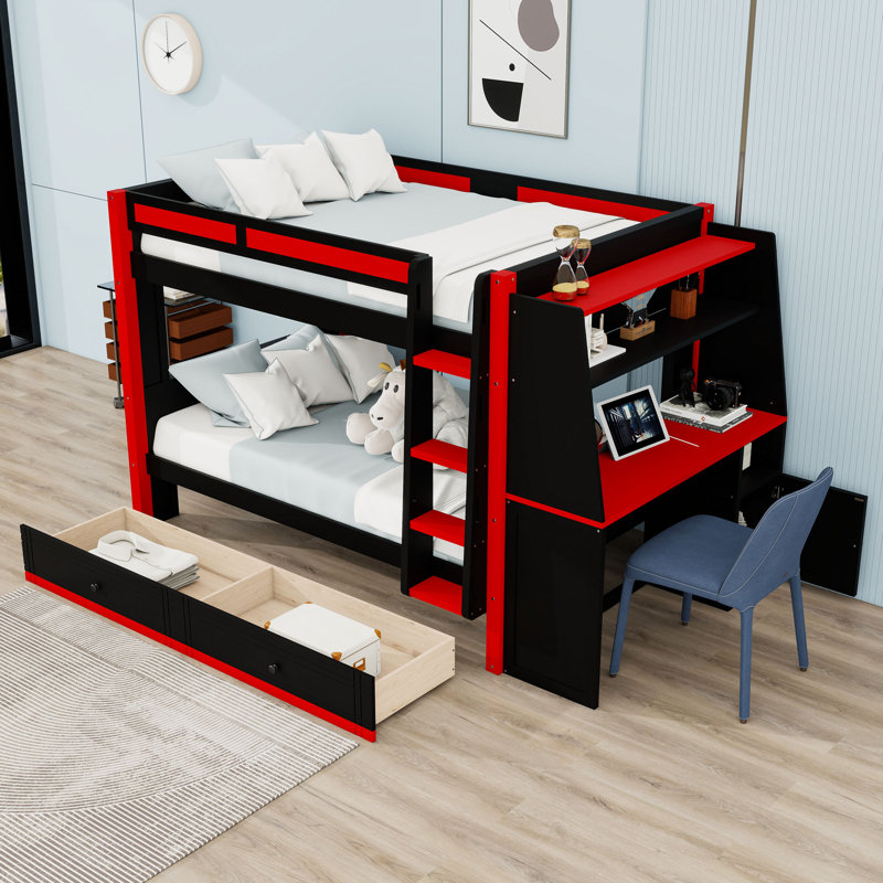 Lit superposé double au-dessus de 2 tiroirs avec bureau, tablettes et garde-corps, Black/Red