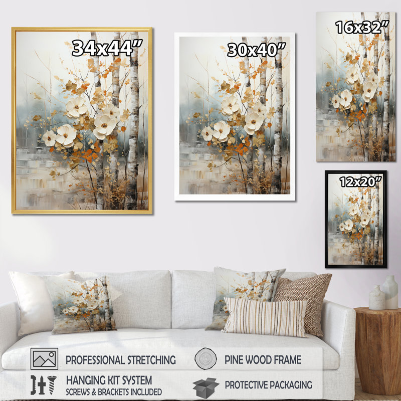 «Lorens White and Grey Brich Woods Collage II», reproduction sur toile, H 32 po x l 24 po x P 1 po, Cadre flottant noir