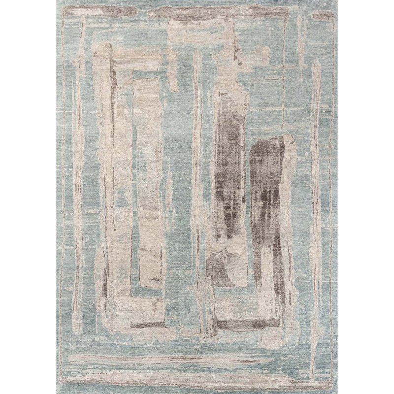 Hand Knotted Abstract Area Rug in Blue/Charcoal/Beige, Rectangle 12' x 15'