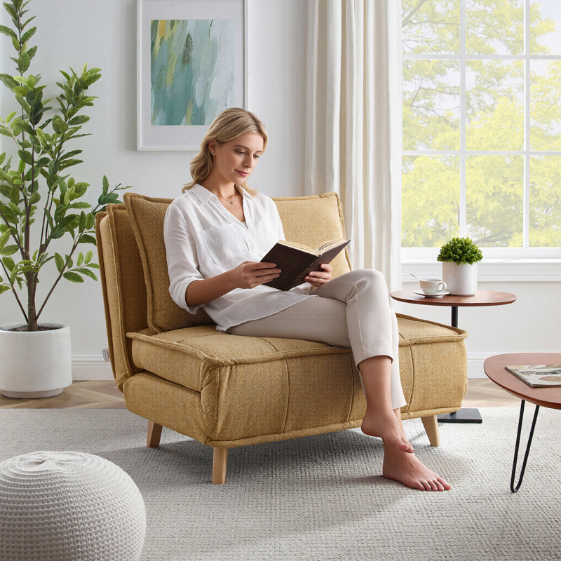 Mikell Upholstered Convertible Sleeper Accent Chair, Yellow Basketweave