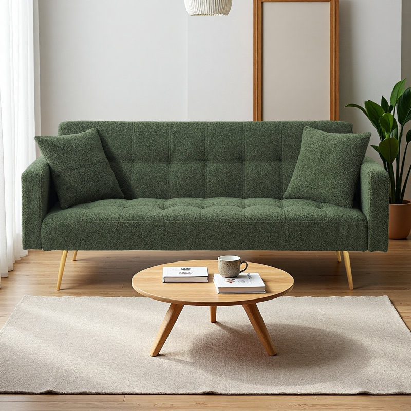 71.7 - Inch Teddy Fleece Sofa Bed With Two Included Throw Pillows, Green Teddy