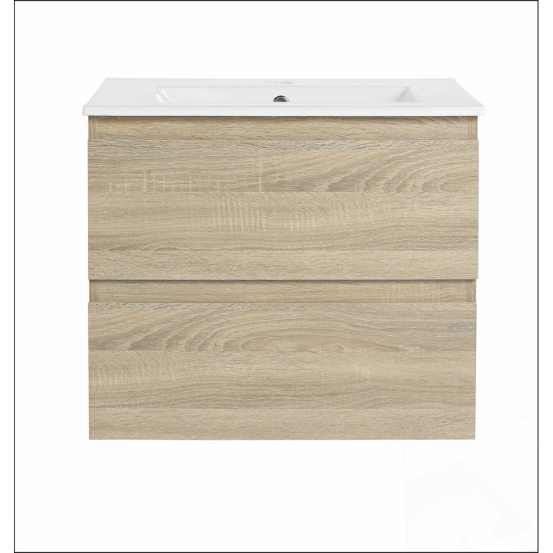 Meuble-lavabo mural 24 po avec lavabo en céramique, 2 tiroirs à fermeture en douceur 24 po, Blanc, Chêne clair