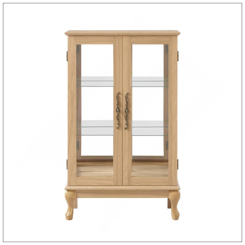 Élégante armoire vitrée en chêne clair avec portes en verre trempé, lumière DEL, panneau arrière en miroir et tablettes réglables - rangement parfait pour la maison et le bureau