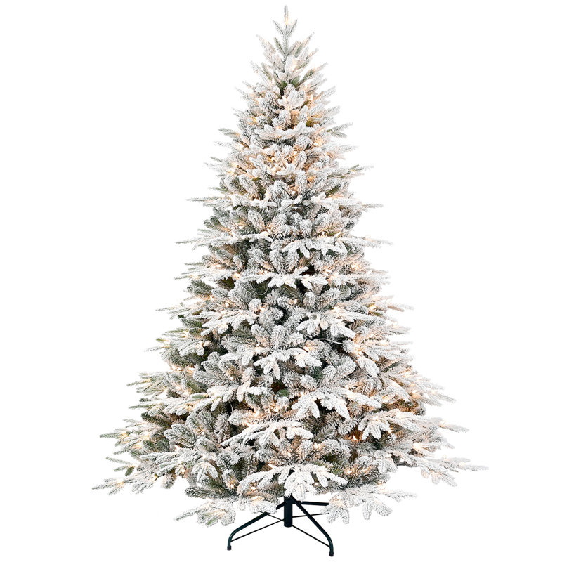 Arbre de Noël artificiel floqué pré-éclairé avec lumières incandescentes blanc chaud, pointes, pin enneigé PE + PVC avec branches à mémoire de forme partielle, support en métal pliable pour les fêtes