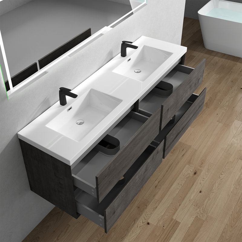 Seavy 59'' Double Bathroom Vanity with Acrylic Top, Smoke Oak