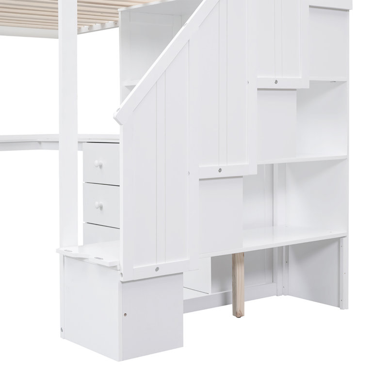 Lit mezzanine simple avec bureau en L et escalier de rangement, Lit simple, Blanc