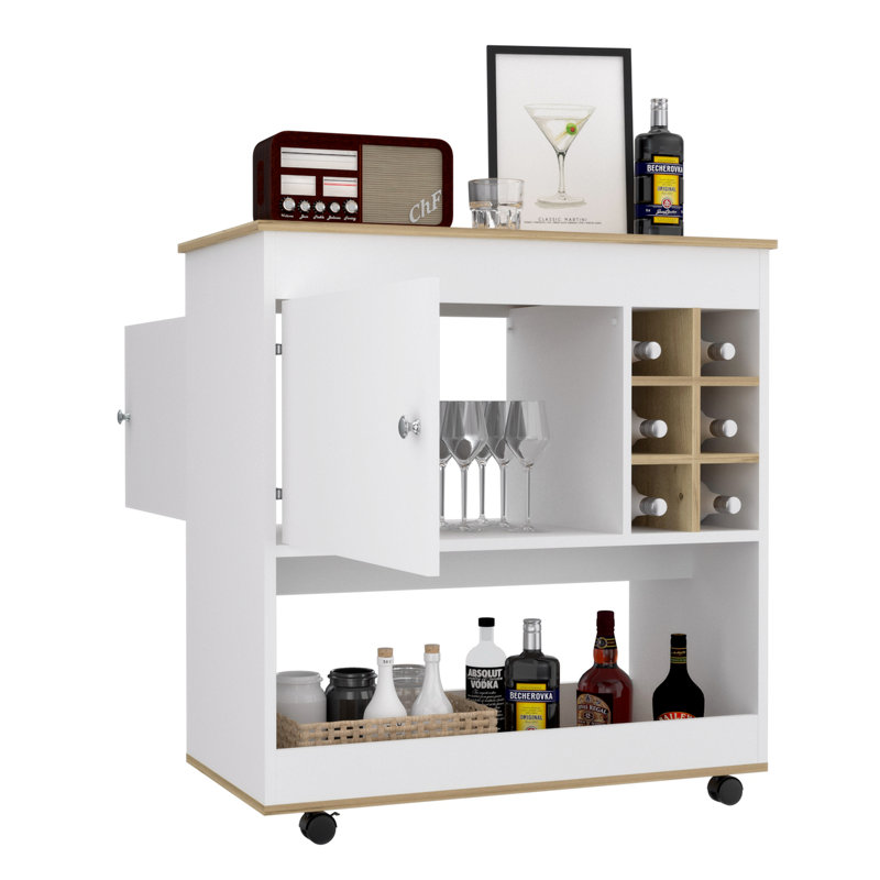 Chariot-bar, six casiers à bouteilles, armoire d'appoint, Blanc