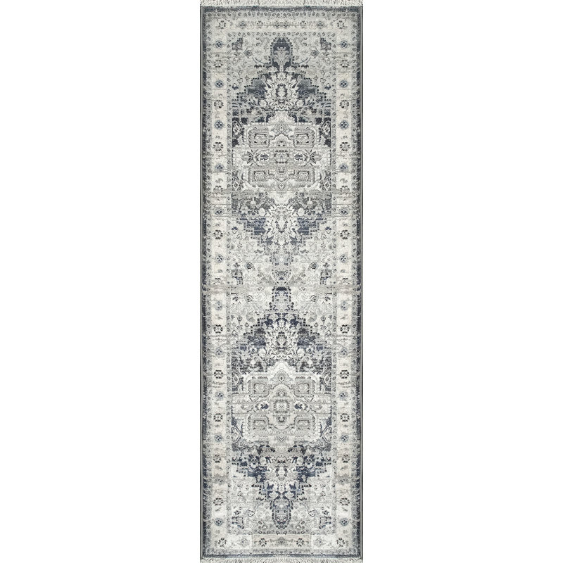 Tapis bleu foncé/crème Omarion, Tapis de couloir 2 pi 2 po x 7 pi 5 po