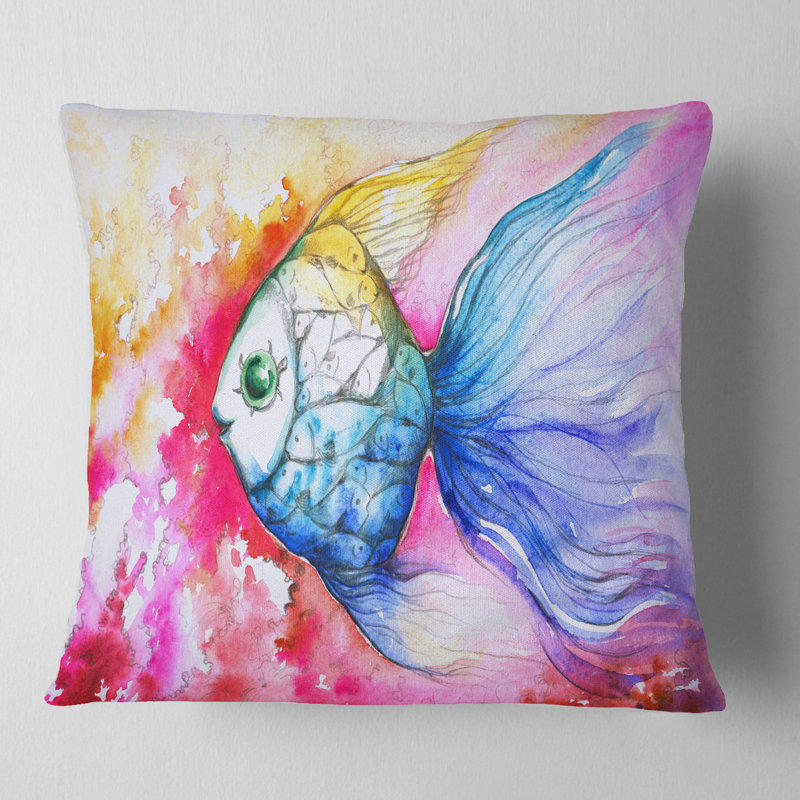 Poisson bleu sur fond rouge - coussin imprimé animal, 18 po x 18 po, Coussin décoratif