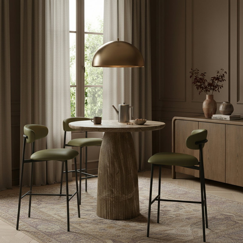 Tabouret de bar rembourré en cuir Lupita, Noir mat, Cuir végétalien vert olive