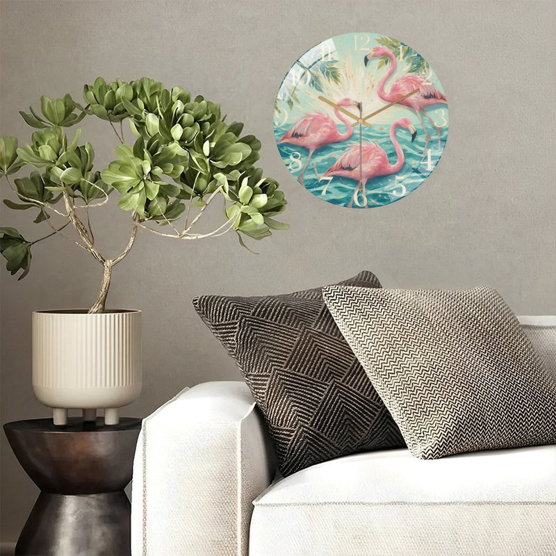Horloge murale avec des flamants dans l'eau - horloge murale moderne en verre 12 po