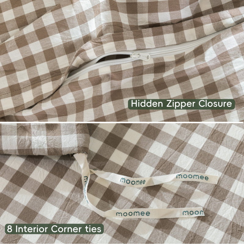 MooMee Gingham Duvet Cover Set 100% Washed Cotton Linen Like Lightweight, King Duvet Cover + 2 King Pillowcases, Brown