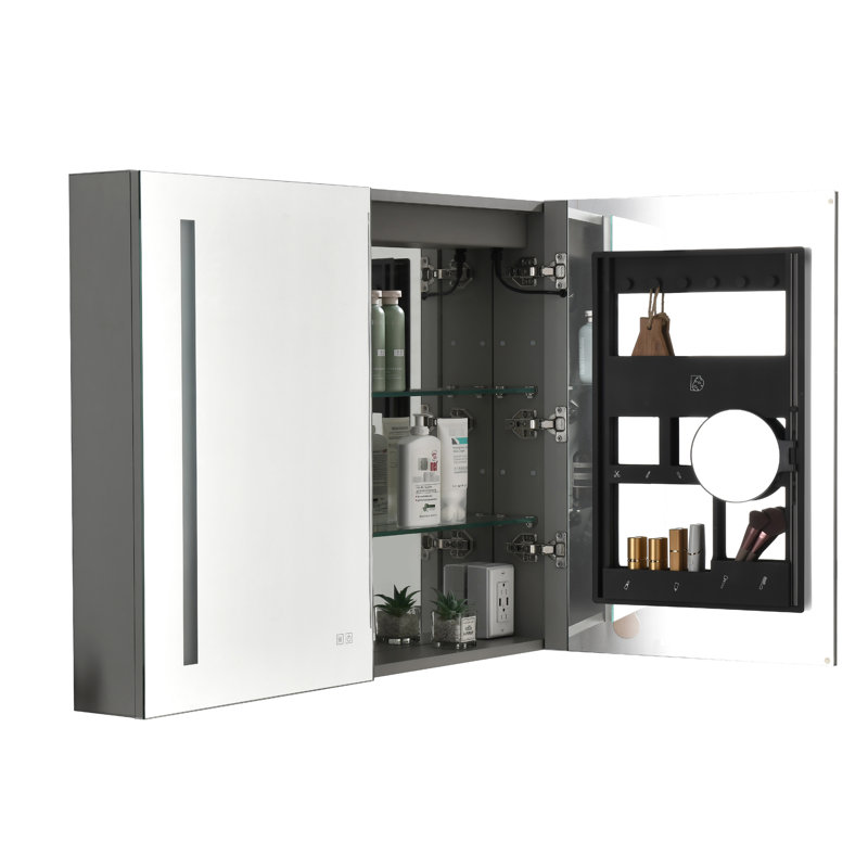 Armoire à pharmacie 40 po x 30 po avec éclairage DEL, miroir, brouillard, intensité variable, 3 options de couleur, tablette réglable, aluminium, armoire à rouille, verre et aluminium