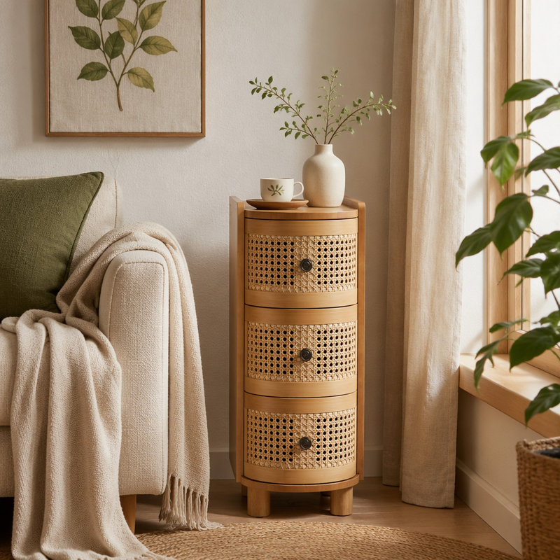 Table de bout en bois, table de chevet à 3 tiroirs avec 3 tiroirs en rotin