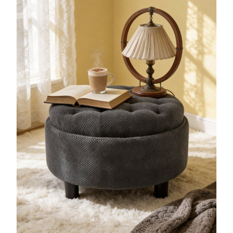 Feros Modern Round Upholstered Storage Ottoman with Removable Tray Lid and Hidden Storage Compartment, Dark Grey