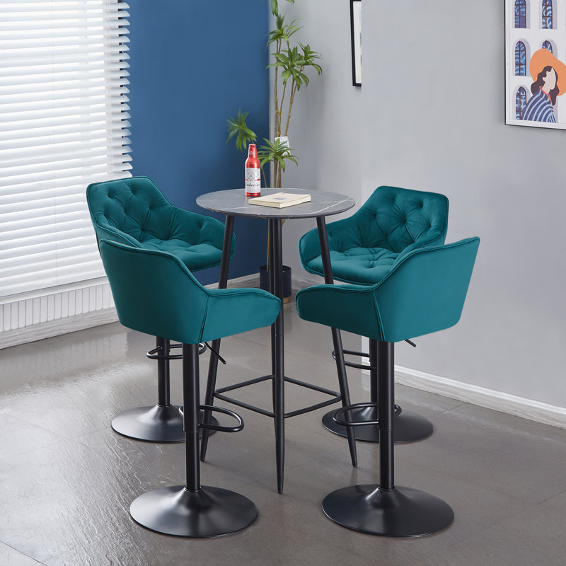 Kafka Velvet Upholstered Adjustable Swivel Bar Stools, Teal
