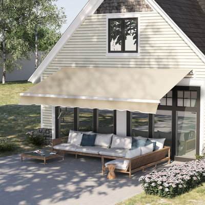 Cream White Patio Awning, 12' X 8', Manual Crank Handle, 280G/M² & Water- Fabric, Aluminum Frame For Deck, Balcony, Yard, Shade From Sun 8' Balcony Awning Shelter. Retractable With Crank. Fabric.