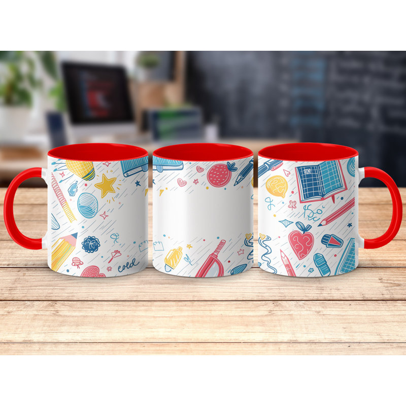 Kids Drawing Style 11oz Accent Mugs – Ceramic Coffee Cup with a Red Handle and Interior