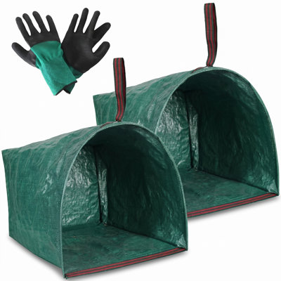 2 Pack Reusable Yard Waste Bags with Gardening Gloves, Open Mouth Hopper Style Garden Bag, Heavy Duty Waterproof PP Leaf Bag, Large Collapsible Yard Debris Collector for Lawn Leaves Trash, 40 Gallon