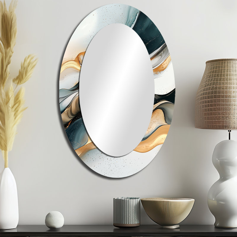 Abstrait écho glaciaire doré de reflets liquides I - Miroir décoratif ovale abstrait sur métal, 36 po x 24 po