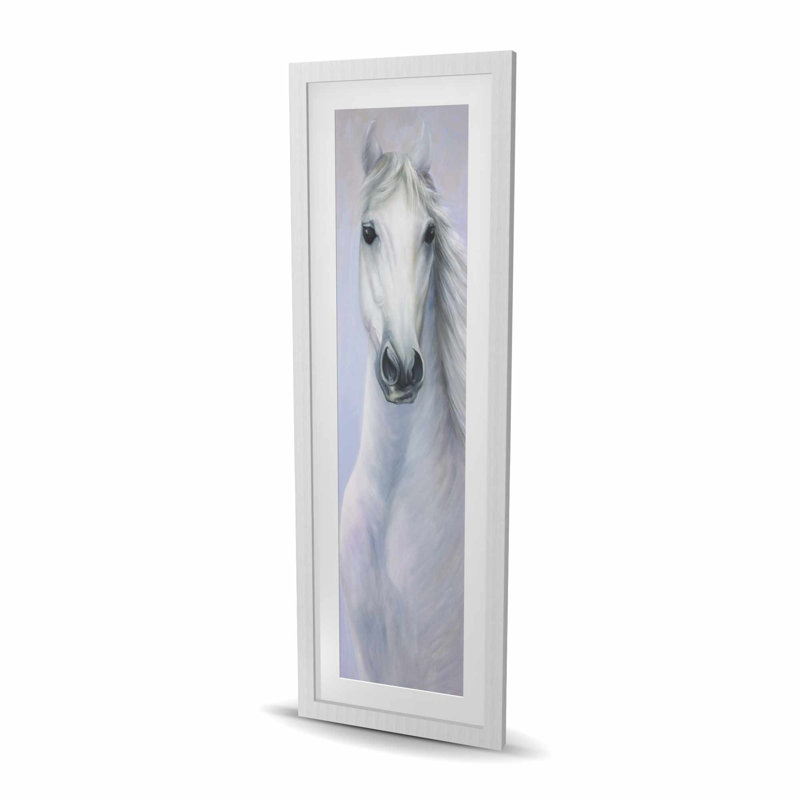 Powerful White Horse - Grey Framed Matted Print | Farm Decor, 48" H x 16" W